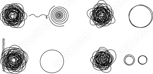 Abstract Circular and Spiraled Shapes Set in Black and White Vector Illustration