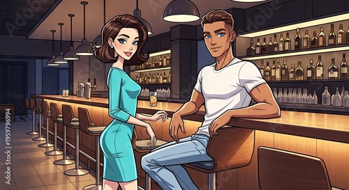 Young couple talking and smiling at bar with illuminated shelves  