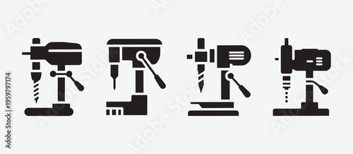 Photography Drill Machine and Drill Press Icon Set Vector in Solid Style for Industrial Tool