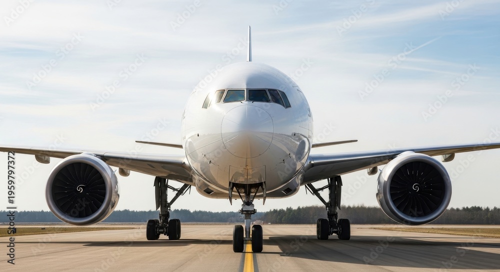 Fototapeta premium Commercial airplane on airport runway, front view of white passenger jet with large engines, aviation transport and global travel concept