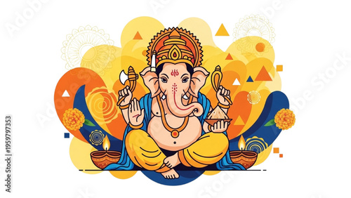 A vibrant illustration of Ganesha sitting serenely outdoors surrounded by abstract shapes.