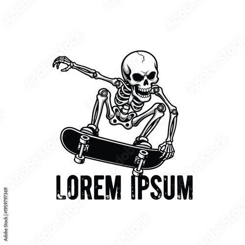 A black and white vector illustration of a skeleton mascot riding a skateboard with a dynamic pose on a clean white background