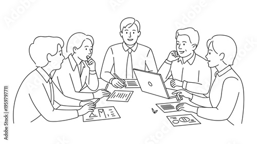 Business Team Meeting Line Art Vector Set – Employees Brainstorming at Office Table