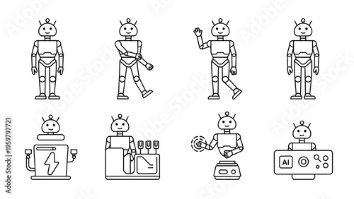 Humanoid Android Character Line Icon Collection – AI Robot Design and Engineering Set