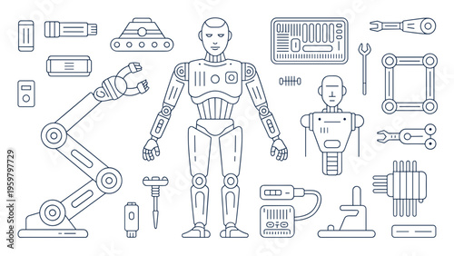 Futuristic Robot Builder Line Art Vector Set – Android Construction and Assembly Icons