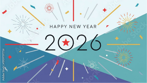 A vibrant celebration with fireworks and confetti marks the start of a new year on a festive evening in a city.