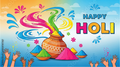 People celebrate Holi festival with colorful powders and hands up