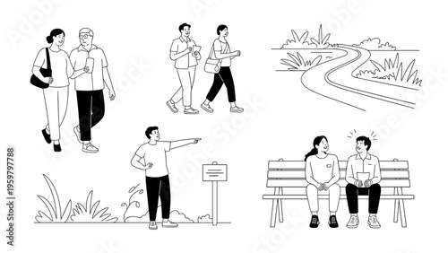 Casual Outdoor Communication Line Vector Collection – Friends Conversation in Nature Scenes
