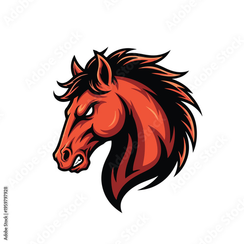 A stylized illustration of a fierce red mustang horse head with a flowing mane, evoking an esport theme with bold lines and vibrant colors on a clean white background