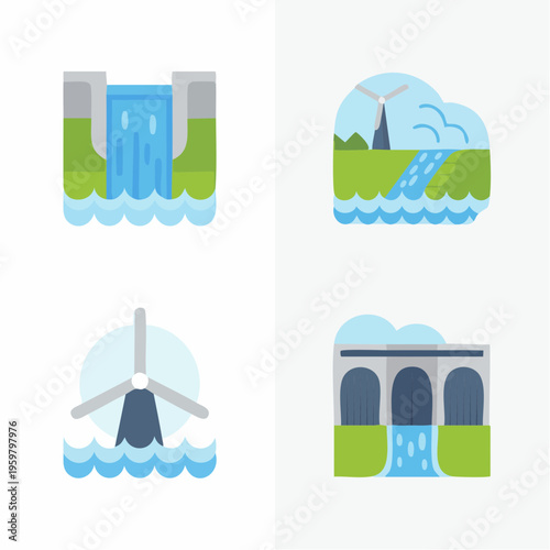 Renewable energy sources including hydroelectric dam, wind turbine, and water flow generate power in a natural landscape with green hills and blue skies.