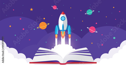 Rocket ship blasting off from an open book into a starry night sky with planets
