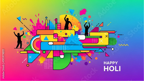 Vibrant celebration scene depicts people throwing colorful powders outdoors during festival