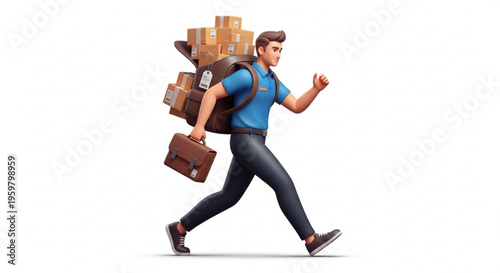 A cartoon man walking with a large backpack full of packages and a briefcase in hand