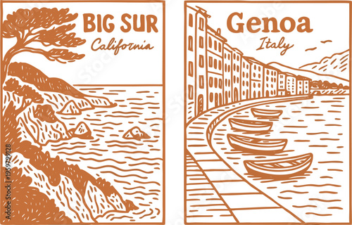 Charming flat design travel posters showcasing coastal landscapes of Big Sur, California, and Genoa, Italy. Ideal for tourism marketing, travel blogs, and decorative prints.