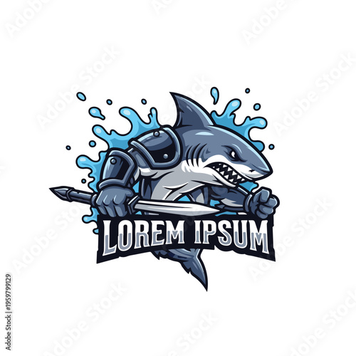 A cartoon angry shark mascot wearing armor holds a spear in a dynamic pose with blue splash