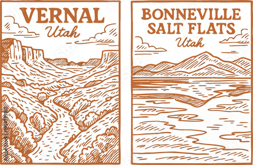 Vintage Utah landscapes featuring Vernal canyons and Bonneville Salt Flats vector illustration
