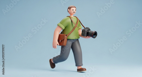 A cartoon man walking while holding a camera and wearing a bag