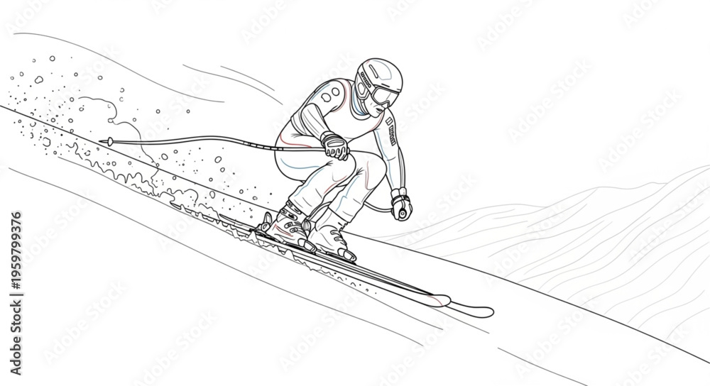 Fototapeta premium Dynamic Skier Carving Downhill in Detailed Line Art.