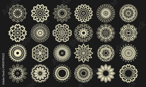 Twenty-four openwork mandalas, circular ornamental compositions. Designs for decorative napkins, coasters, pillowcases and more. Vector set