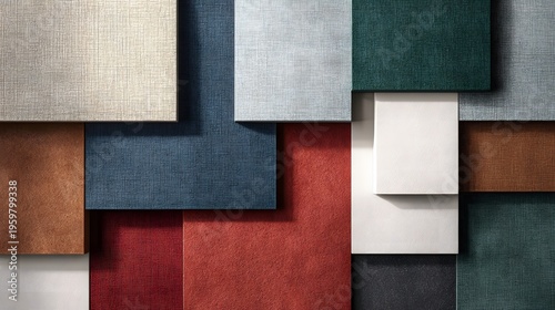 Minimalist material texture swatch board with diverse fabric and stone surfaces