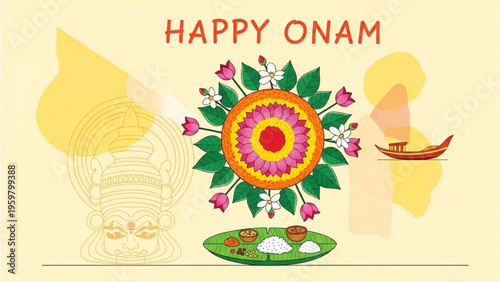 People celebrate Onam with traditional flowers and food outdoors