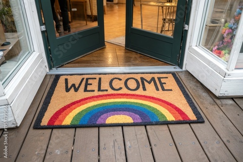 Rainbow welcome doormat at open shop entrance. Business in pride month