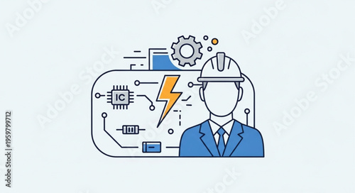 Electrical Engineer with Circuit Board and Lightning Bolt Illustration.
