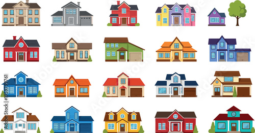 Colorful House Set with Various Styles and Designs of Residential Homes in Vector Illustration