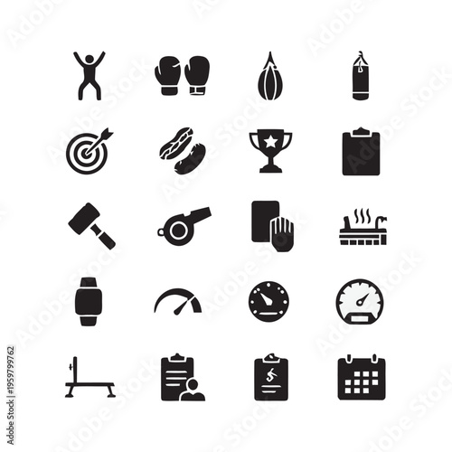 Sports and fitness glyph icon set boxing gloves, punching bag, target, smart watch and trophy 