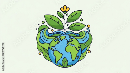 A vibrant illustration of a green Earth with a sprouting plant and swirling water showcasing Nature and Life