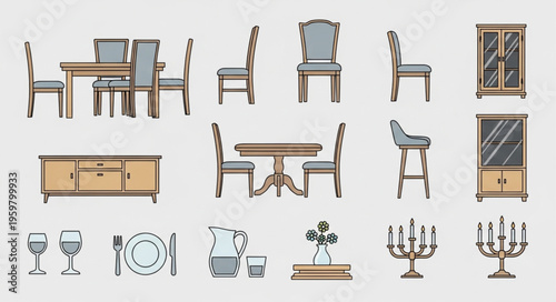 Elegant Dining Room Furniture Set Illustration for Interior Design.