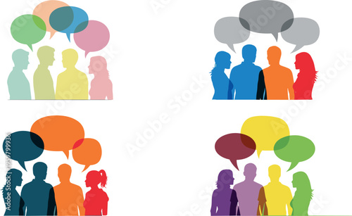 PrintColorful Speech Bubbles with People in Conversation Set for Social Interaction, Communication, and Discussion Concepts