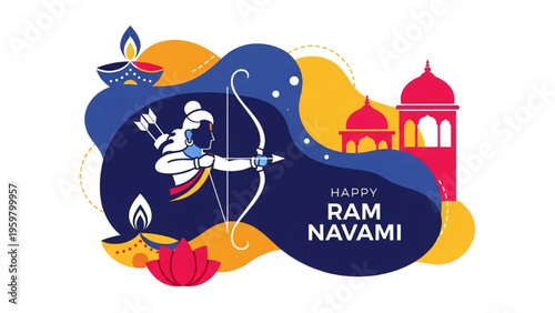 A colorful illustration of Lord Rama with a bow and arrow in a temple setting during Ram Navami celebration