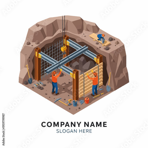 Isometric illustration of construction workers reinforcing a mine tunnel entrance with wooden beams and metal supports.