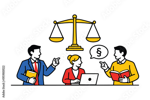 Professionals discussing legal matters with a balanced justice scale in the background