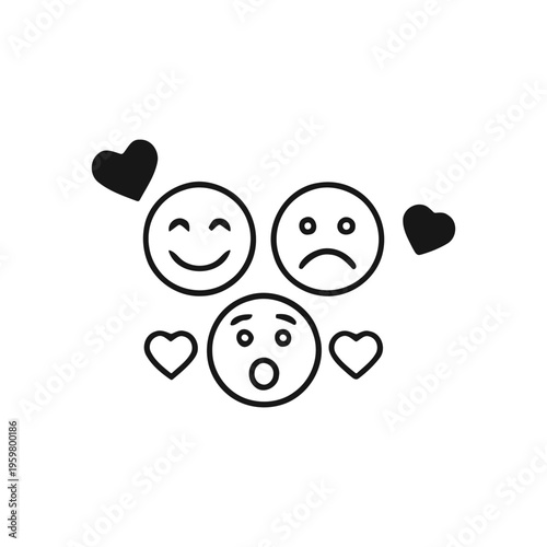 Emoji line icon set featuring happy sad and surprised faces with heart symbols for mental health.