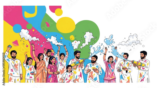 People Celebrate Holi Festival with Colorful Powder and Water