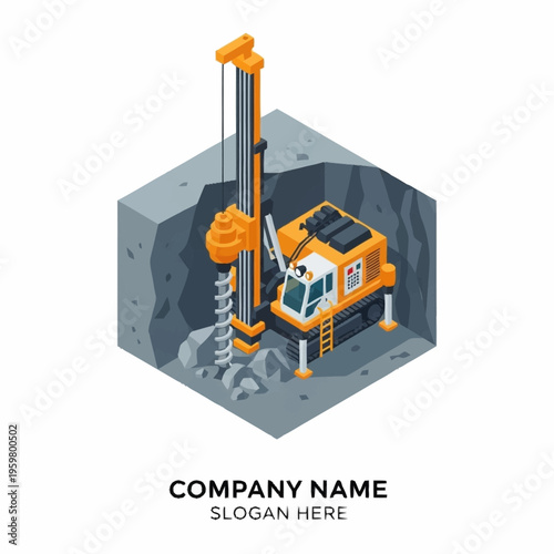 Industrial drilling rig excavating rock in a mine shaft, isometric illustration.