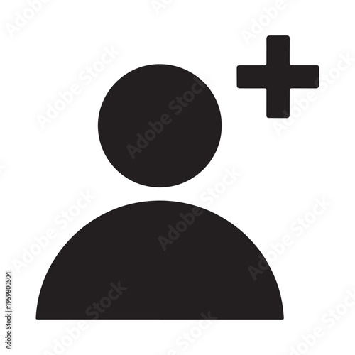 Simple black icon depicting a person with a plus symbol