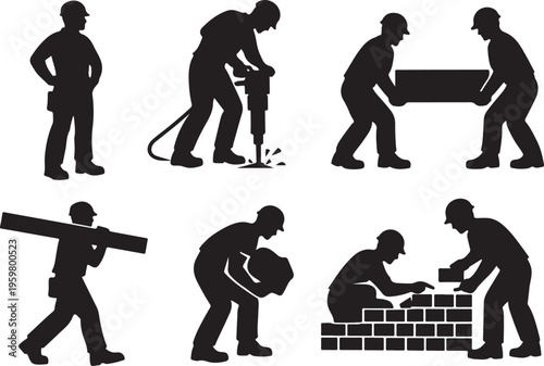 Construction Worker Silhouettes Set - Building and Manual Labor