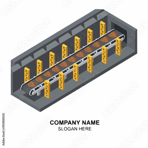 Isometric view of a conveyor belt system transporting bulk material within an industrial tunnel structure.
