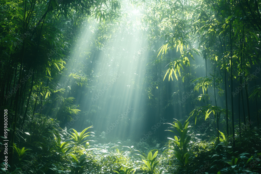 Obraz premium Sunbeam cutting through dense jungle foliage.