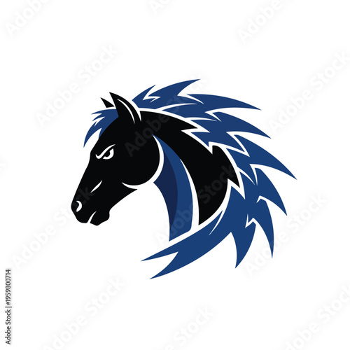 A stylized black mustang head with a blue and white mane, symbolizing esport, on a clean white background
