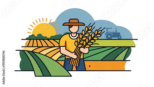 Farmer harvesting wheat in a sunny agricultural field landscape