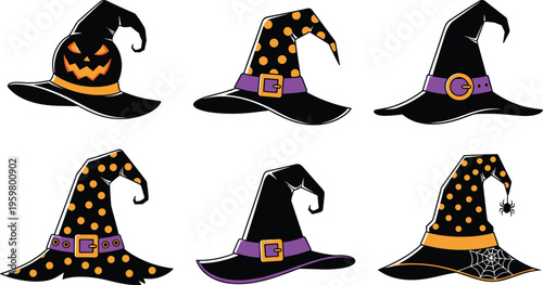 Set of black and orange witch hats featuring polka dots spider webs and jack o lantern faces isolated on white background for Halloween design