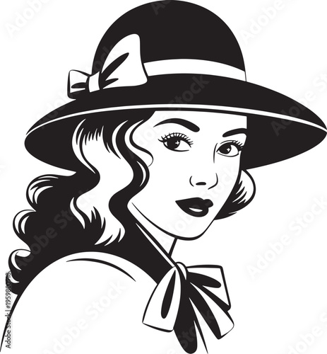 Vintage black and white illustration of woman wearing hat and bow tie