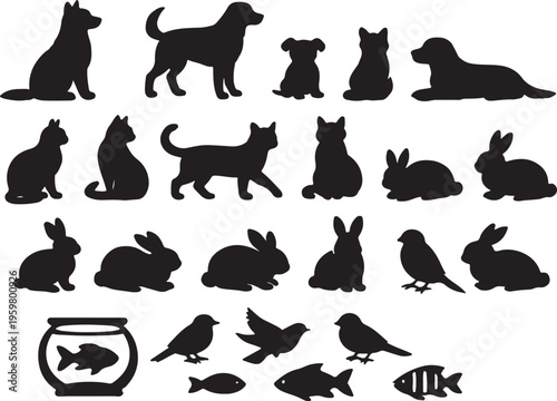 Domestic Animal and Pet Silhouette Icons Vector Set