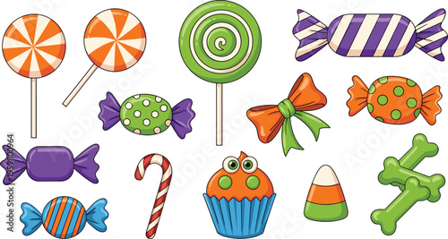 Set of colorful Halloween candy and sweets featuring lollipops wrapped treats a cupcake and bone shaped cookies isolated on white background for festive party design