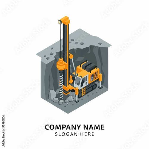 Isometric drilling rig operating in a quarry, excavating rock and earth for industrial purposes.