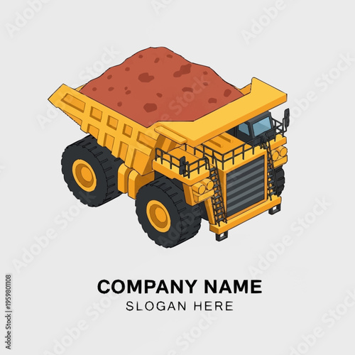 Isometric illustration of a large yellow mining dump truck carrying a load of dirt and rocks, suitable for industrial or construction themes.